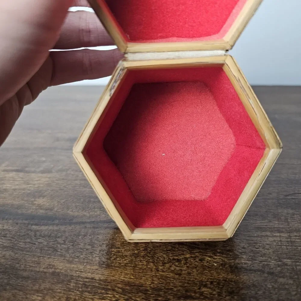 Small Vintage Woven Bamboo Hexagon Box Pyrography Red Velvet